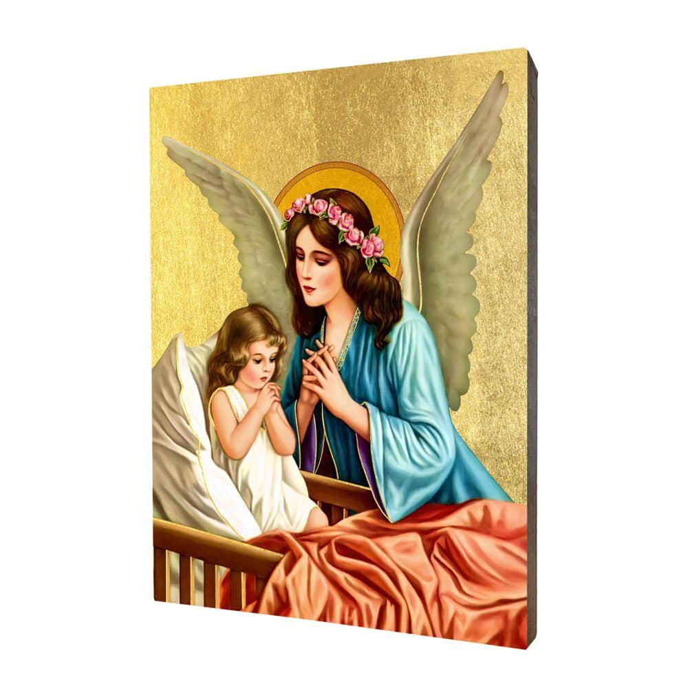 Ikona drewniana religijna ze złoceniem Anioł Stróż z dziewczynką