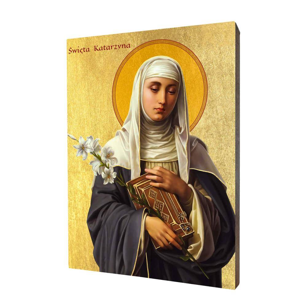 Ikona drewniana religijna ze złoceniem święta Katarzyna ze Sieny
