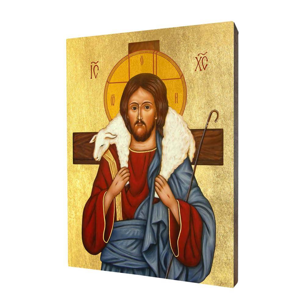 Ikona drewniana religijna ze złoceniem Chrystus Dobry Pasterz