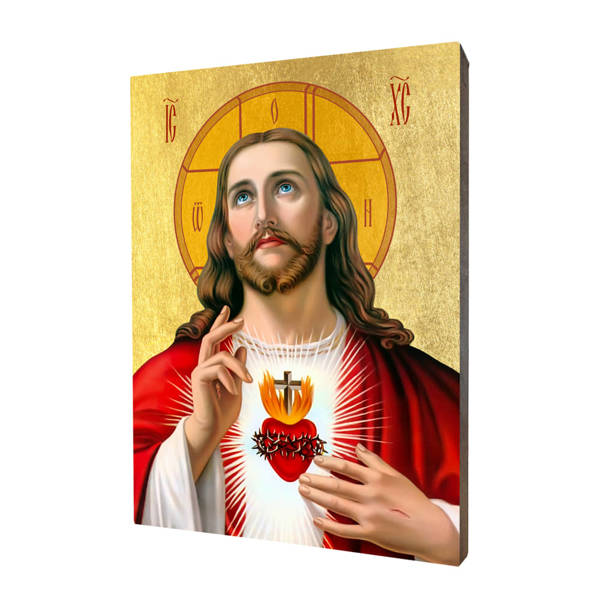 Ikona drewniana religijna ze złoceniem Serce Jezusa