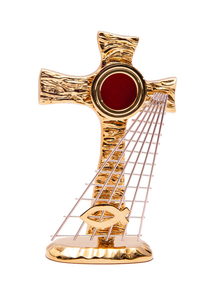 Relikwiarz mosiężny w kształcie krzyża złocony na jedną relikwię o wysokości 19 cm