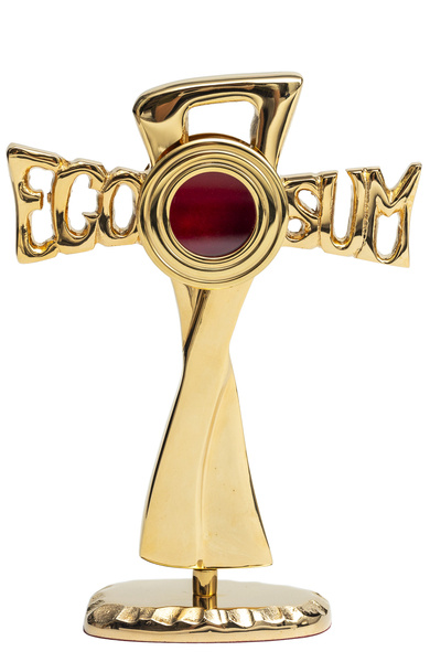 Relikwiarz mosiężny w kształcie krzyża złocony na jedną relikwię o wysokości 20 cm