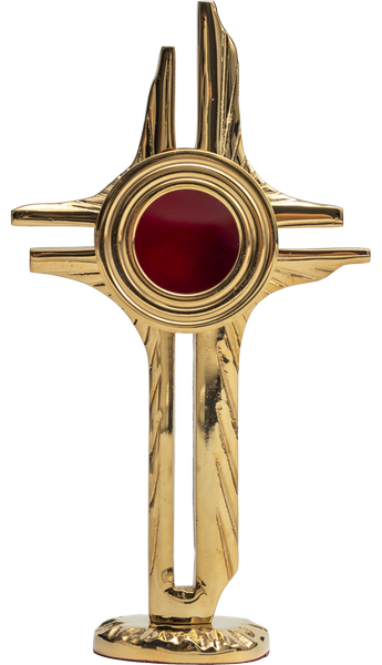 Relikwiarz mosiężny w kształcie krzyża złocony, na jedną relikwię o wysokości 22 cm
