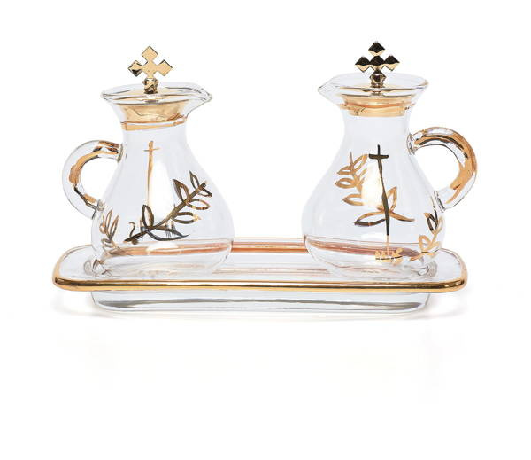 Komplet ampułek na dary z tacą i złoceniami