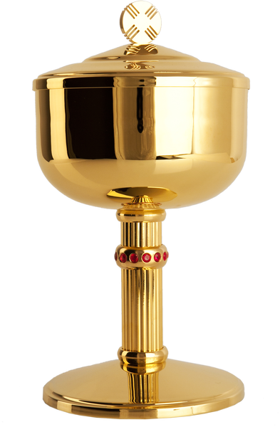 Puszka litrurgiczna na komunikanty zdobiona rubinami, wysokość 29 cm