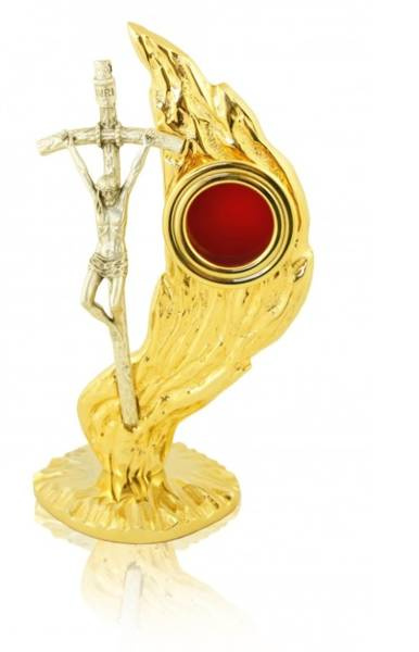 Relikwiarz mosiężny złocony z krzyżem papieskim w pojednczym płomieniu na jedną relikwię o wysokości 20 cm