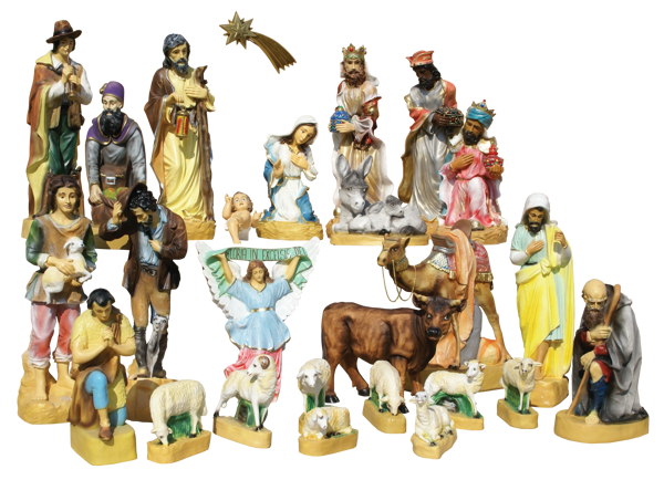 Szopka, komplet 26 elementów o wysokości postaci stojących 88 cm