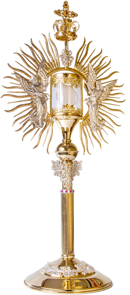 Duża monstrancja, pozłacana , posrebrzana, zdobiona kamieniami o wysokości 80 cm