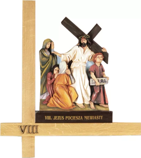 Droga krzyżowa na krzyżu dębowym 14 stacji (72 cm x 65 cm)