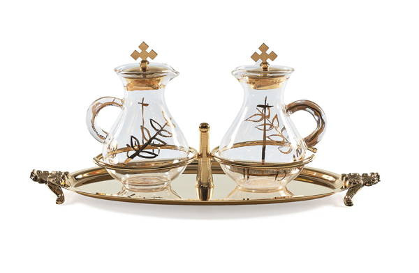 Ampułki na wodę i wino z tacą zdobione pozłacane