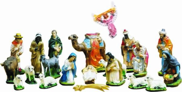 Szopka, komplet 21 elementów o wysokości postaci stojących 30 cm