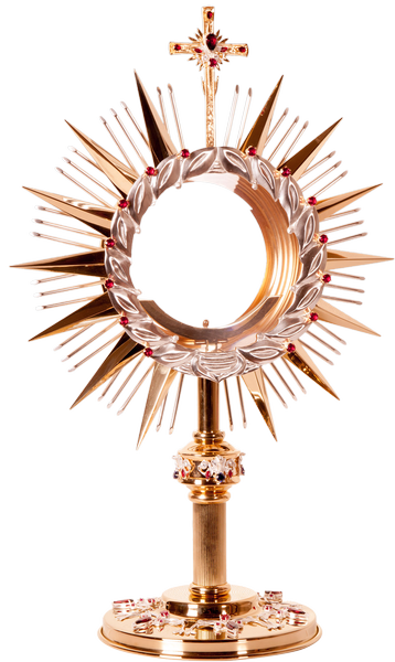 Monstrancja złocona, bogato zdobiona kamieniami, na dużą hostię, wysokość 60 cm