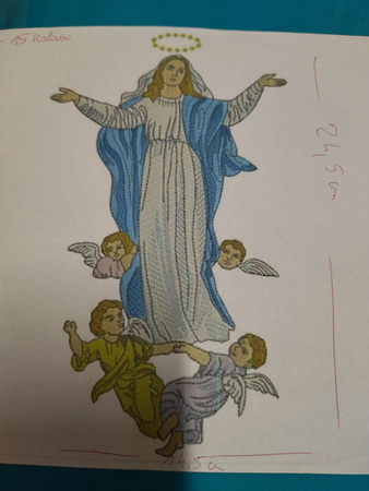 Kreomowy ornat maryjny z wizerunkiem Matki Bożej Niepokalanej.