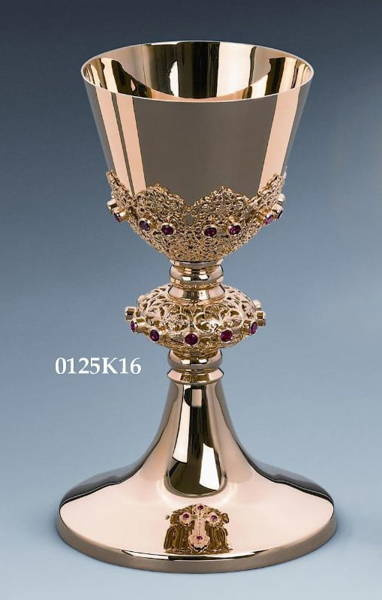 Kielich - nodus ażur, koszyczek kamienie czerwone, podstawa mat