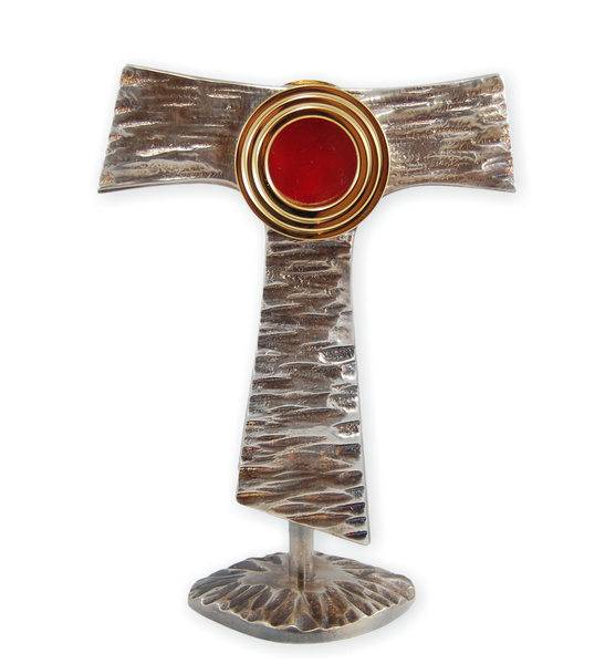 Relikwiarz mosiężny złocony w kształcie franciszakńskiego symbolu "tau" o wysokości 20 cm