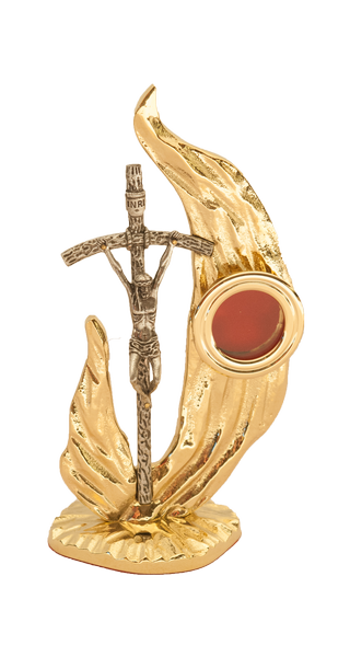 Relikwiarz mosiężny złocony z krzyżem papieskim z podwójnym płomieniem,na jedną relikwię o wysokości 20 cm