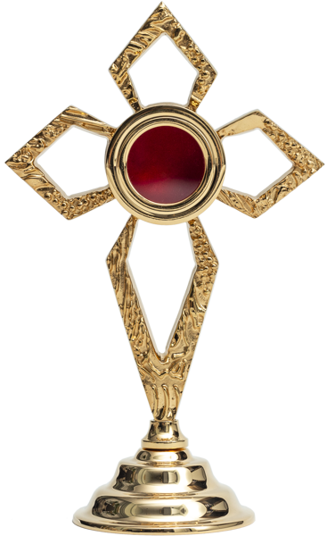 Relikwiarz mosiężny w kształcie krzyża złocony na jedną relikwię o wysokości 19 cm