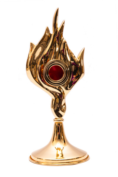 Relikwiarz dedykowany Św. Florianowi,mosiężny złocony na jedną relikwię o wysokości 33 cm