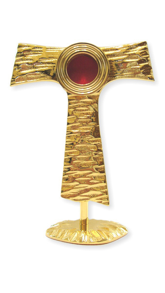 Relikwiarz mosiężny złocony w kształcie franciszakńskiego symbolu "tau" o wysokości 20 cm