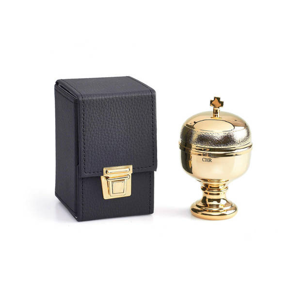 Pojemnik na oleje CRISMERA, metalowy ze szklanym wkładem w kolorze złotym