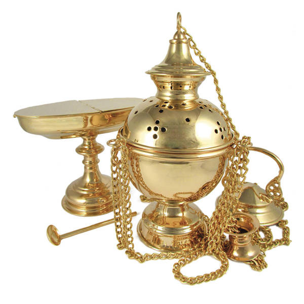 Trybularz mosiężny w komplecie z łódką i łyżeczką