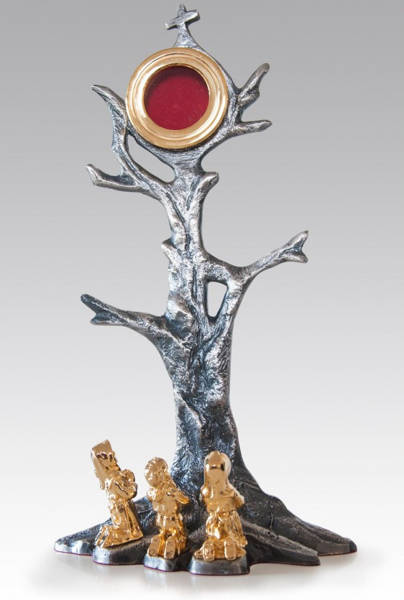 Relikwiarz objawień fatimskich mosiężny,złocony i srebrzony na jedną relikwię o wysokości 27 cm