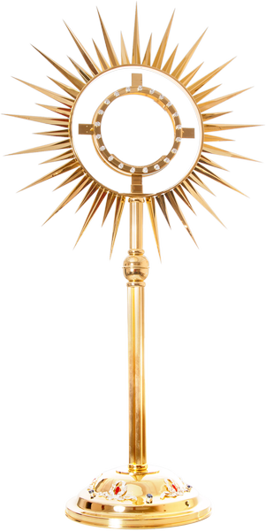 Wysoka monstrancja pozłacana, posrebrzana i zdobiona kamieniami o wysokości 140 cm