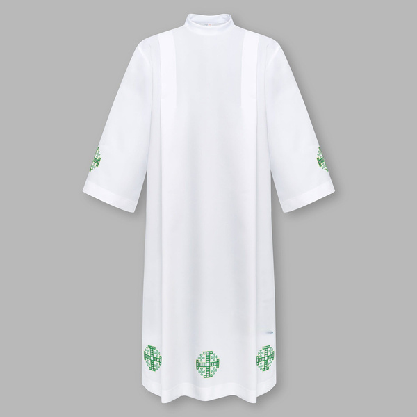 Alba kapłańska haftowana  z motywem krzyża i suwakiem na ramieniu