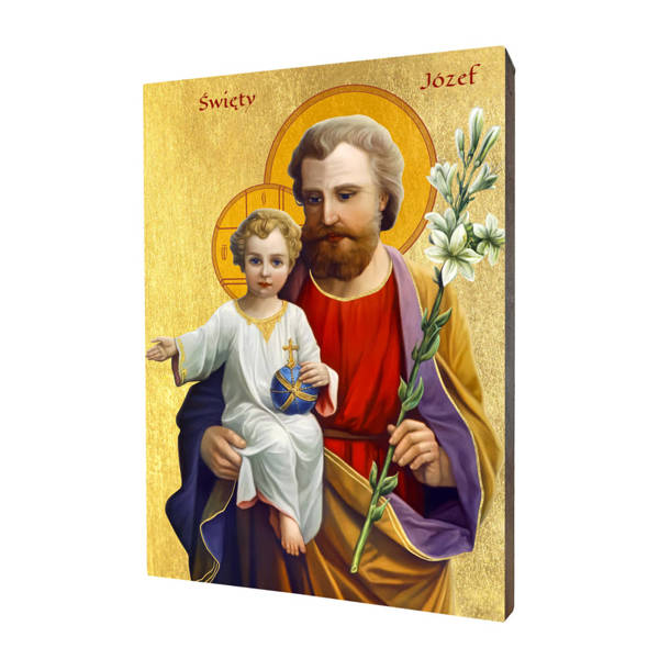 Ikona drewniana religijna ze złoceniem święty Józef z Dzieciątkiem