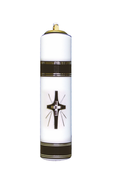 Krzyż srebrny -świeca olejowa z naklejką o wysokości 30 cm