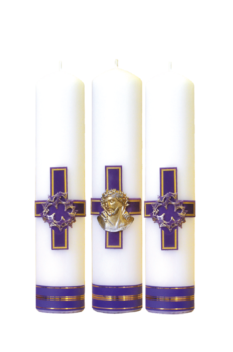 Pan Jezus Cierpiący- zestaw trzech świec z aplikacją (różne kolory i rozmiary)