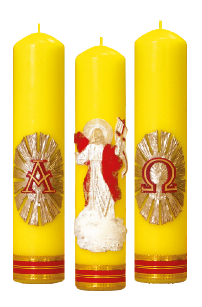 Pan Jezus Zmartwychwstały- zestaw trzech świec z aplikacją (różne kolory i rozmiary)